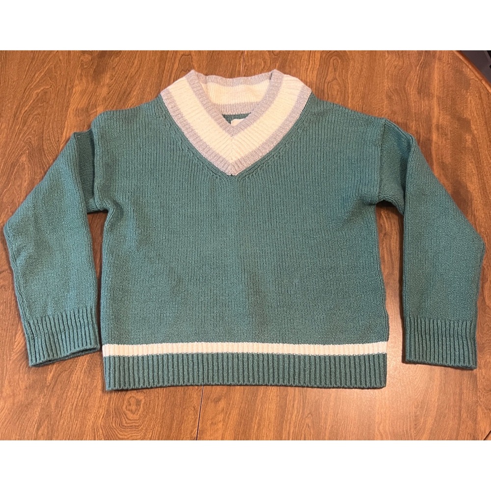 Abercrombie & Fitch XS Teal Green Varsity V-Neck Sweater Striped Knit 150S1491